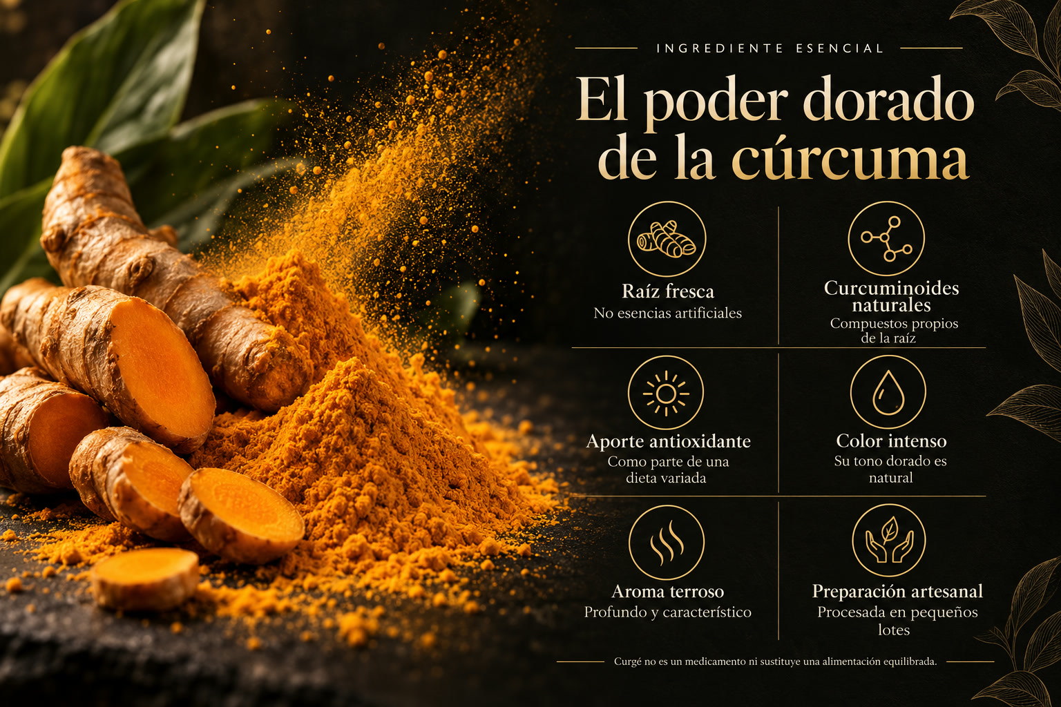 Cúrcuma fresca en raíz y en polvo: raíz fresca sin esencias artificiales, curcuminoides naturales, aporte antioxidante como parte de una dieta variada, color intenso natural, aroma terroso y preparación artesanal en pequeños lotes.
